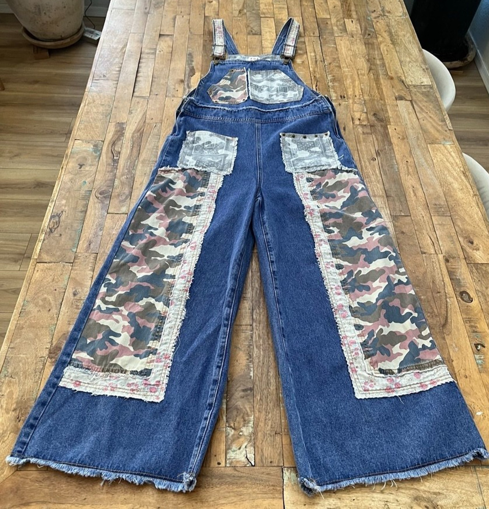 POL Tried And True Denim Wide-Leg Overalls Women's Small Pink Camo Patchwork
